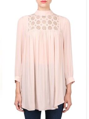 Smythe Blush Pink Eyelet Lace Swing Dress Tunic Mock Neck Long Sleeve Size M
